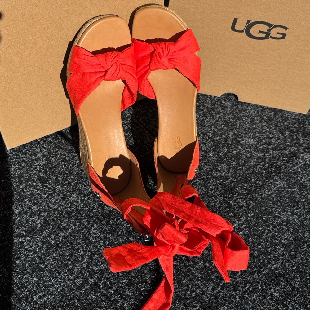 UGG Yarrow Espadrille Wedge Sandal Coral Suede Ankle Tie - Picture 7 of 14